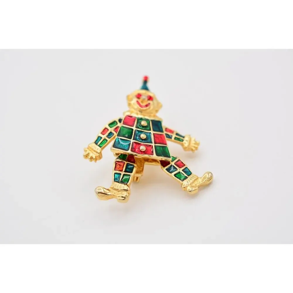 Vintage Clown Pin Brooch Red Green Enamel Dangle Arms Legs Gold Tone 1990s BinAT